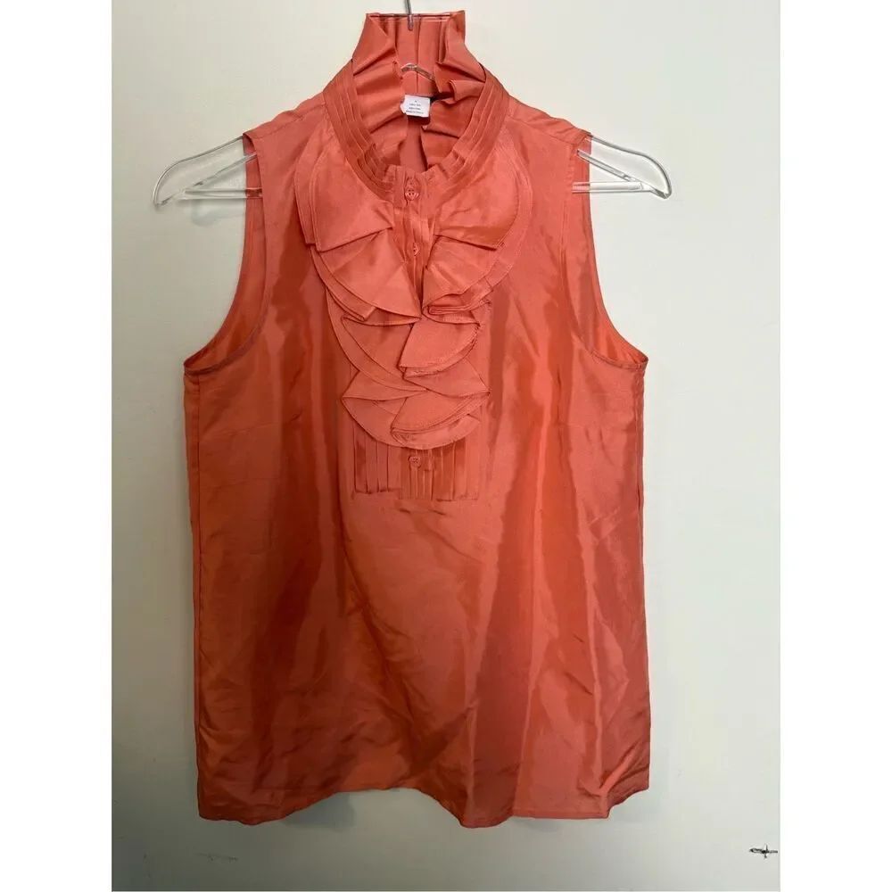 J. Crew 100% Silk Peach Orange Ruffled Sleeveless Blouse Buttons w/ Bib Collar 4
